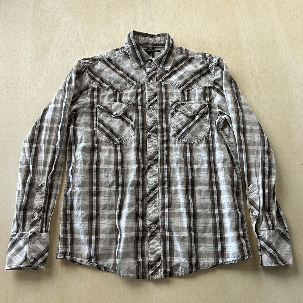 Y2K Carbon Black Shirt Mens Medium Brown Plaid Long Sleeve Western Pearl Snap